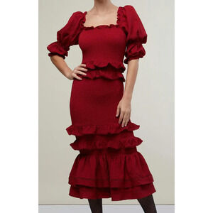 NWT Rachel Parcell Womens Deep Red Ruched Jacquard Smocked Midi Dress Size S